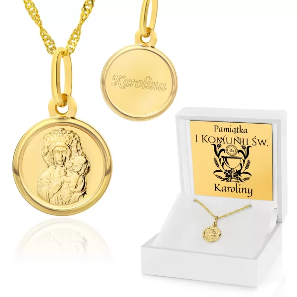Medalik z łańcuszkiem złoty z grawerem - Matka Boska 