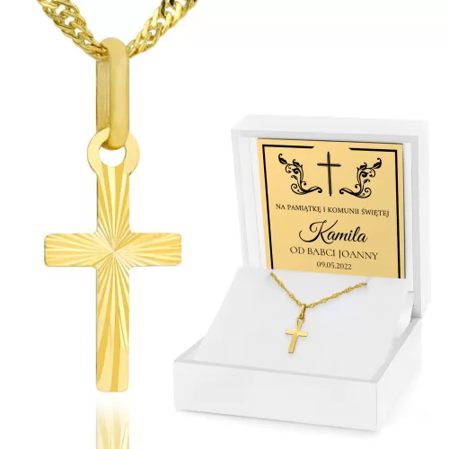 Złoty krzyżyk z łańcuszkiem pr. 585 na komunię dla chłopca - Ornament