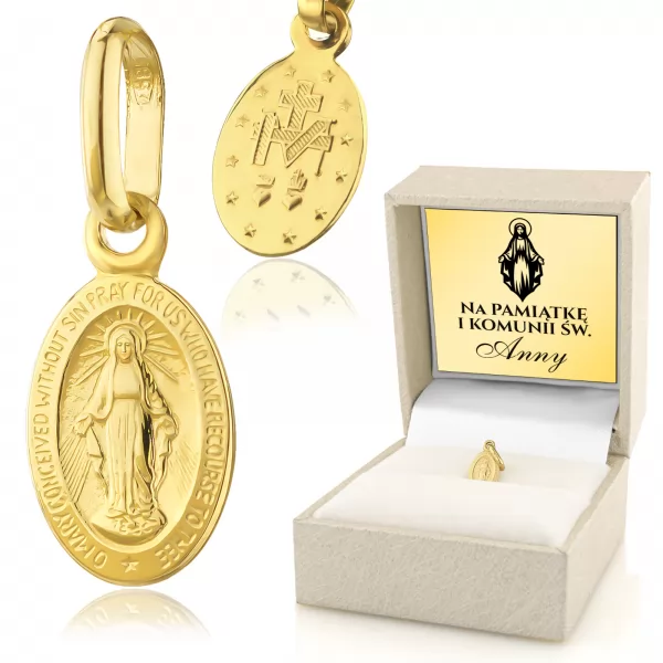 Złoty medalik pr. 585 Matka Boska Cudowna na komunię - Miłosierdzie