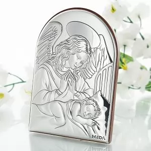 srebrny obrazek z Aniołem Stróżem