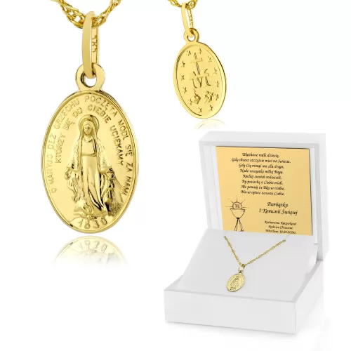 Medalik złoty Matka Boska Cudowna (pr. 585) na komunię - Miłuj Boga