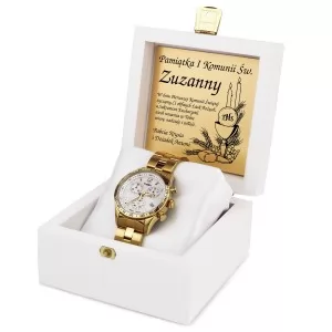 zegarek na komunię w drewnianym pudełku z grawerem
