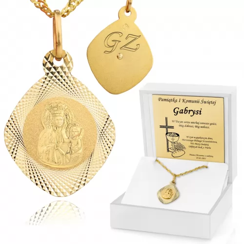 Złoty medalik Matka Boska + łańcuszek pr. 585 z grawerem - Eucharystia