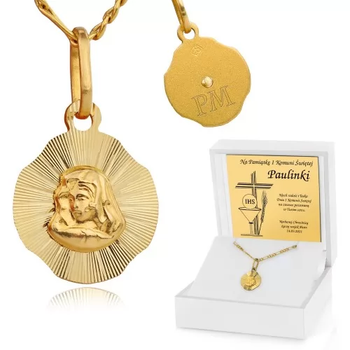 Złoty medalik Matka Boska i łańcuszek pr. 585 z personalizacją na prezent na komunię