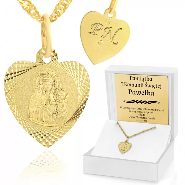 Złoty medalik Matka Boska + łańcuszek pr. 585 z grawerem na pierwszą komunię