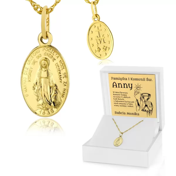 Złoty medalik Matka Boska z łańcuszkiem 585 z grawerem - Radość w Bogu