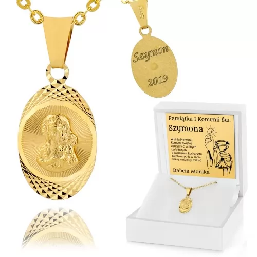 Złoty medalik pr. 585 z grawerem na komunię dla chłopca - Liturgia