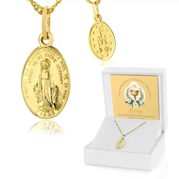Złoty medalik Matka Boska z łańcuszkiem i nadrukiem - Świętość życia