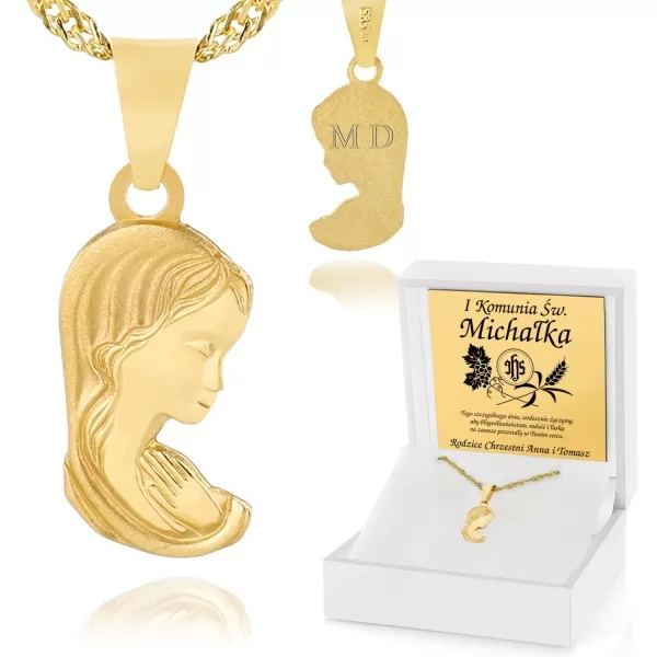 Złoty medalik Matka Boża z łańcuszkiem na prezent na komunię z grawerem