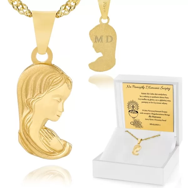 Złoty medalik 585 Matka Boska na łańcuszku z grawerem dedykacji na komunię