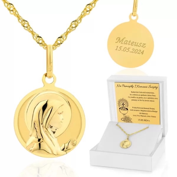 Złoty medalik 585 Matka Boska na łańcuszku z grawerem dedykacji na komunię
