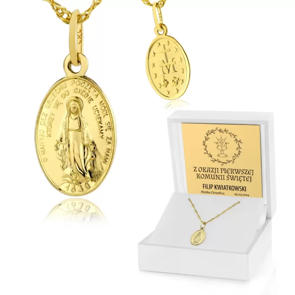 Złoty medalik Matka Boska na łańcuszku 585 z grawerem - Służba dla innych