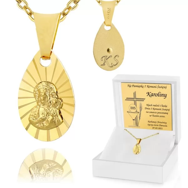 Złoty medalik i łańcuszek z Matką Bożą i Dzieciątkiem na prezent z grawerem