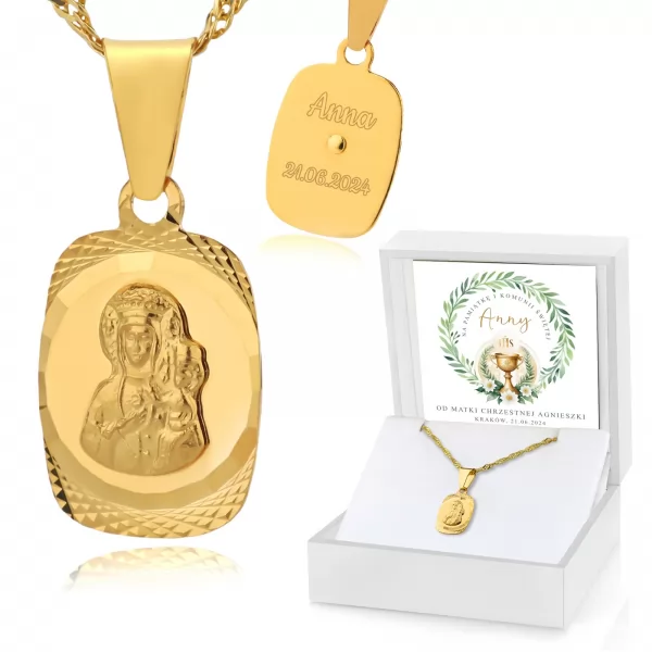 Złoty medalik Matka Boska z łańcuszkiem singapure 585 z opcją graweru na komunie