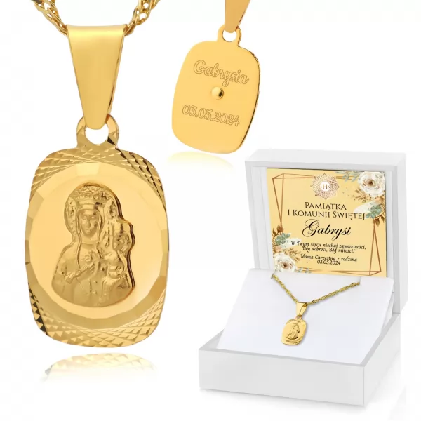 Złoty medalik Matka Boska z grawerem na pamiątkę pierwszej komunii od Chrzestnego
