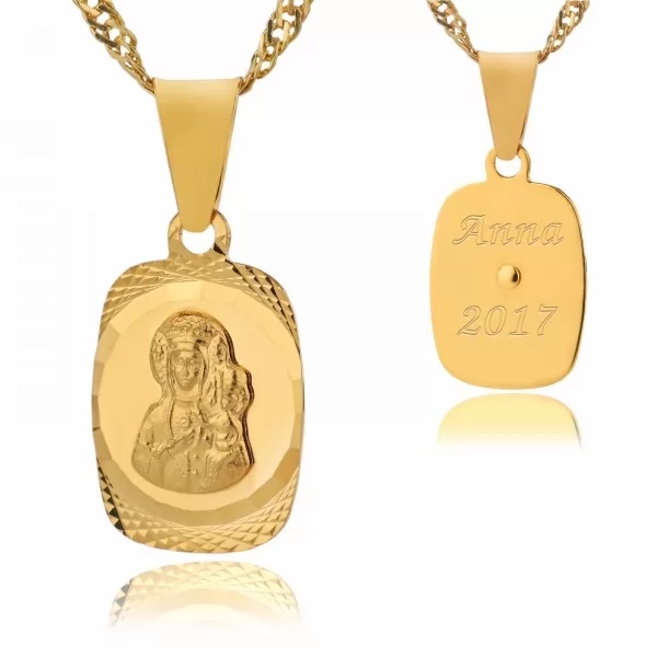 Złoty medalik Matka Boska z grawerem na pamiątkę pierwszej komunii od Chrzestnego