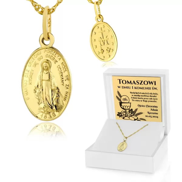 Złoty medalik Matka Boska i łańcuszek 585 z dedykacją - Miłość bliźniego