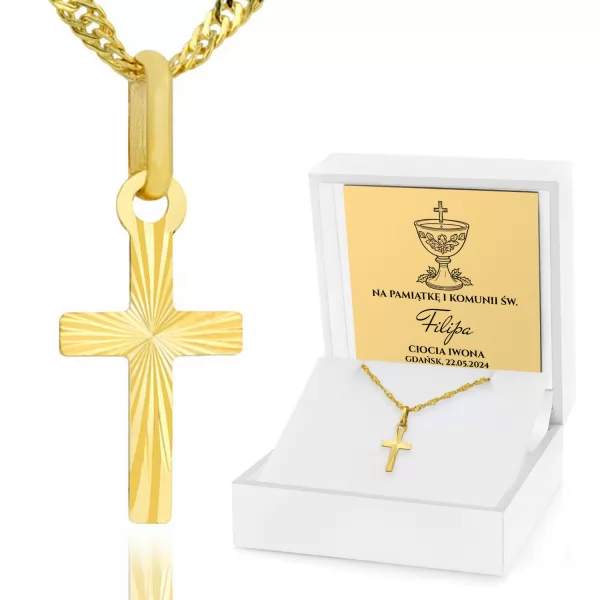 Złoty krzyżyk z łańcuszkiem 585 grawerowany prezent na komunię