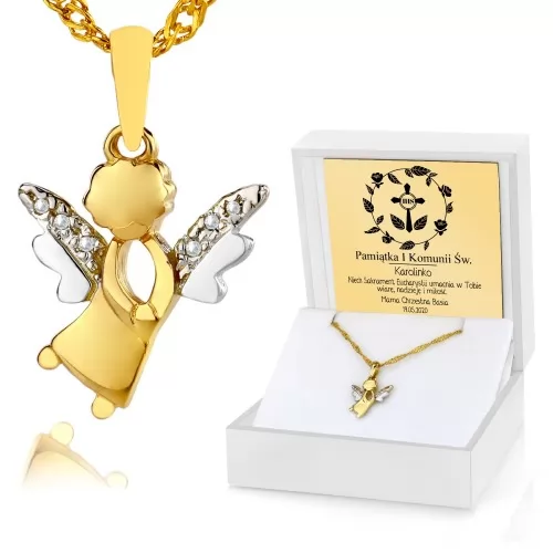 Złota biżuteria na komunię zawieszka aniołek i łańcuszek w pudełku z grawerem dedykacji