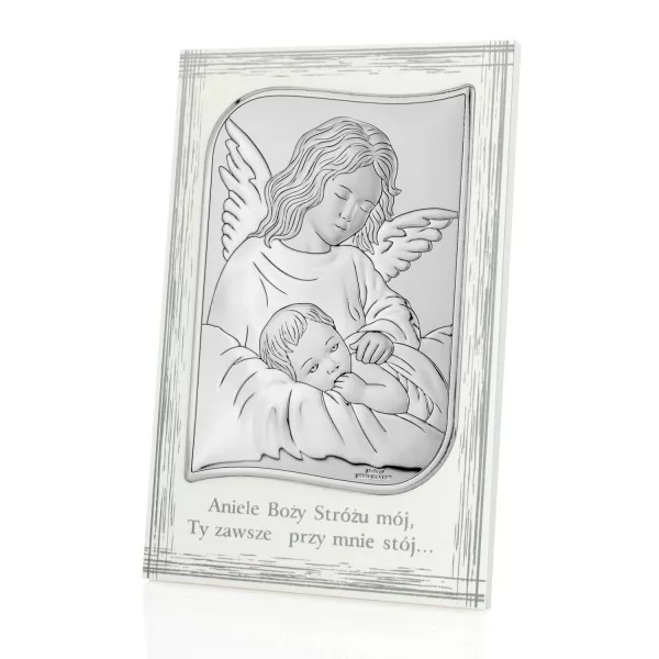 Srebrny obrazek na komunię z dedykacją - Anioł Nad Dzieckiem