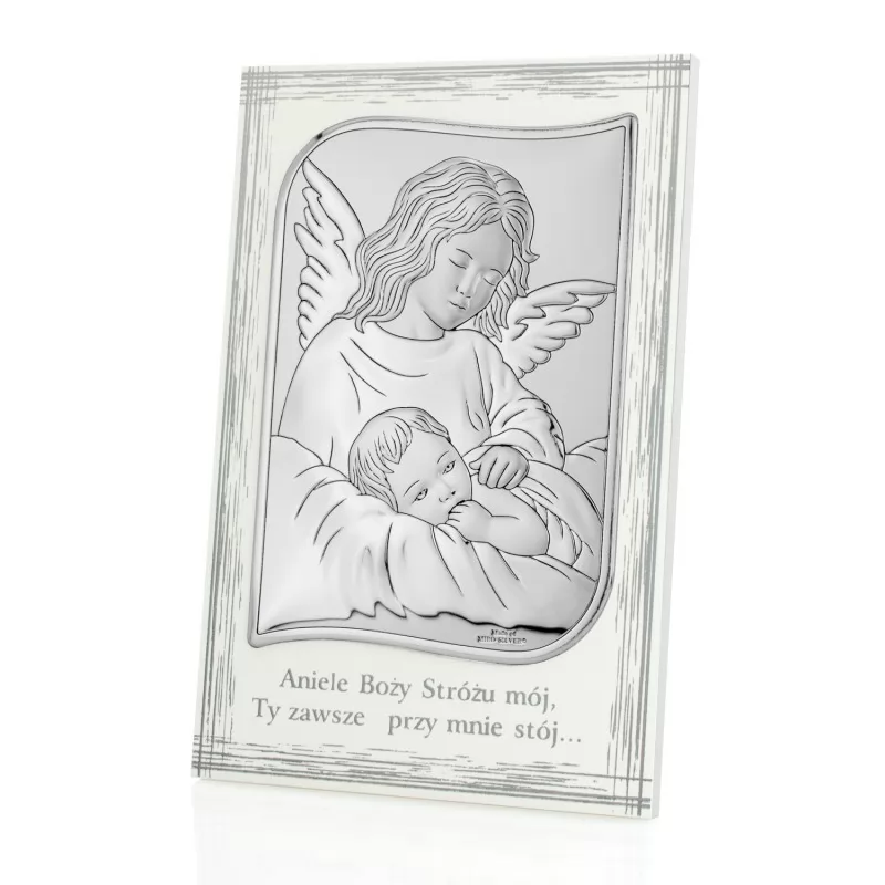 srebrny obrazek anioł nad dzieckiem z dedykacją