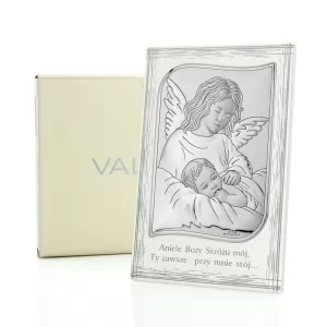 srebrny obrazek anioł nad dzieckiem z dedykacją