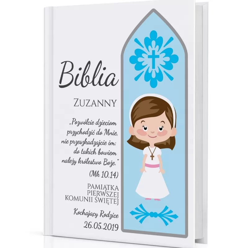 biblia na komunię z dedykacją na prezent dla dziewczynki
