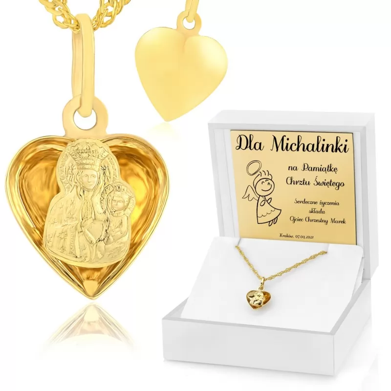 złoty łańcuszek z medalikiem na komunię królowa serc