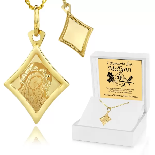 Złoty łańcuszek z medalikiem 585 prezent komunijny - Matka Przenajświętsza