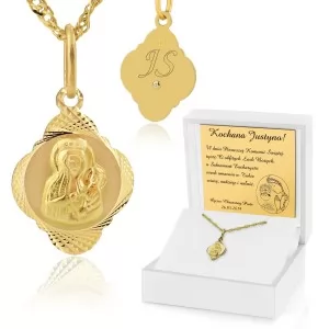 złoty łańcuszek z medalikiem dla dziewczynki w pudełku z dedykacją na prezent na komunię