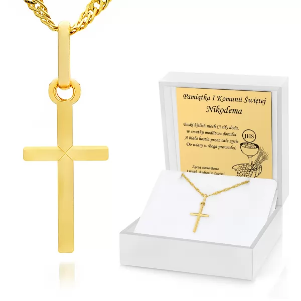 Złoty krzyżyk na łańcuszku pr. 585 z grawerem - Znak Chrystusa