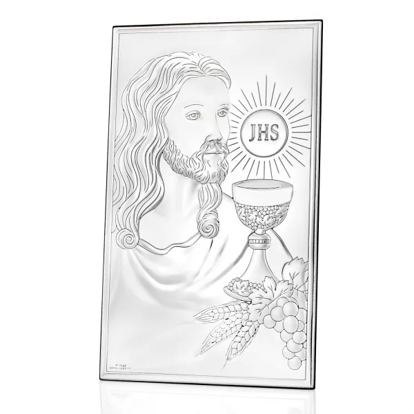 Srebrny obrazek z grawerem dedykacji na komunię - Pan Jezus z Hostią