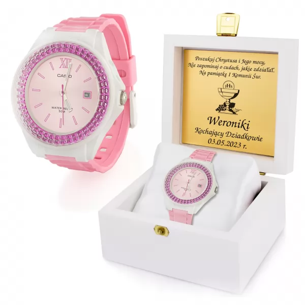 Zegarek CASIO w pudełku z grawerem dla dziewczynki - Hostia w Kielichu